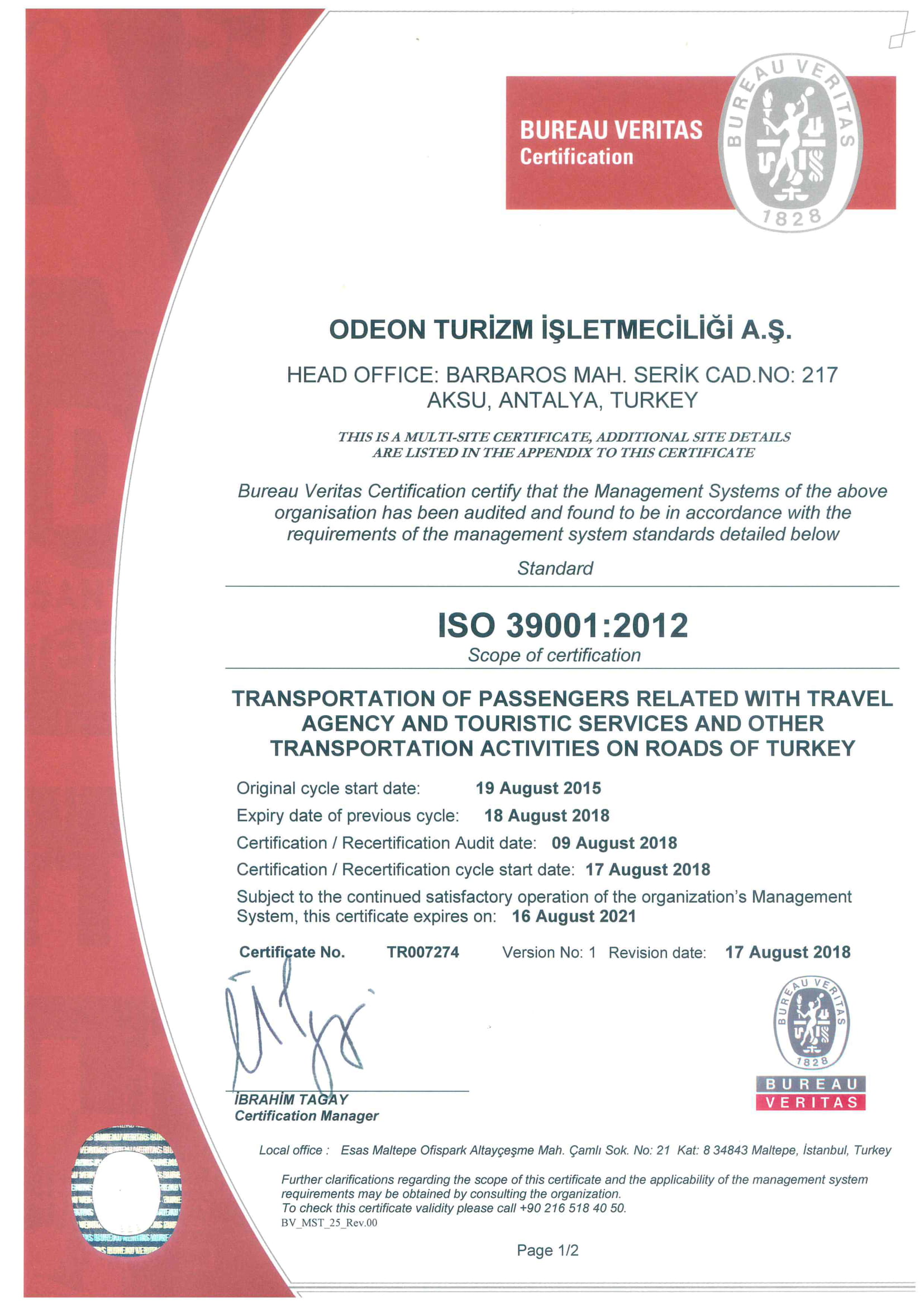 ISO 39001:2012 Road Traffic Safety Management System Certificate